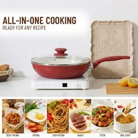 Ensemble de poêle à frire et de couvercle E-TOP en pierre rouge, compatible induction, fonte, revêtement antiadhésif en granit, ensemble de poêles à frire profondes, ustensiles de cuisine