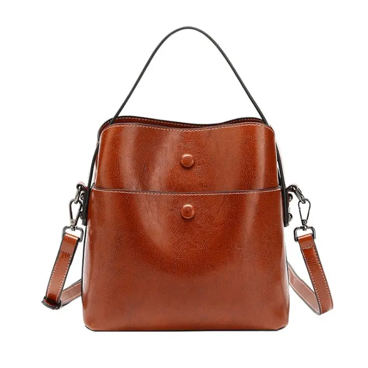 Wholesale Large Capacity Vintage Ladies Bags Detachable Leather Shoulder Strap Crossbody Women Leather Bucket Bag