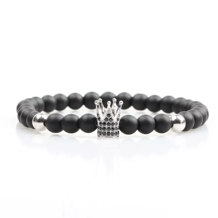 Fashion men bracelet Custom Natural Matte Black Onyx Stone Beads Crown Bracelets for wholesale