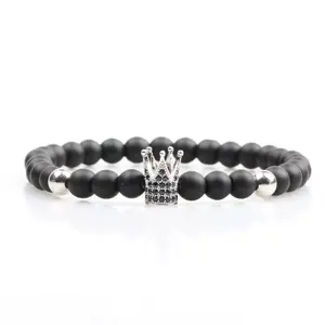 Pulsera de moda para hombre, pulseras de corona de cuentas de piedra de ónix negro mate Natural personalizadas para venta al por mayor