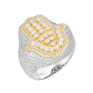 Anillo de <span class=keywords><strong>Mano</strong></span> de <span class=keywords><strong>Hamsa</strong></span> de Plata 925 con Piedras de Moissanita, Diseño Chapado en Oro, Engaste Pavé, Joyería - Product Image 1