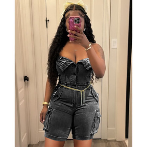 Mono corto vaquero sin tirantes con botones y bolsillos grandes para mujer, estilo urbano, éxito de ventas - Product Image 2