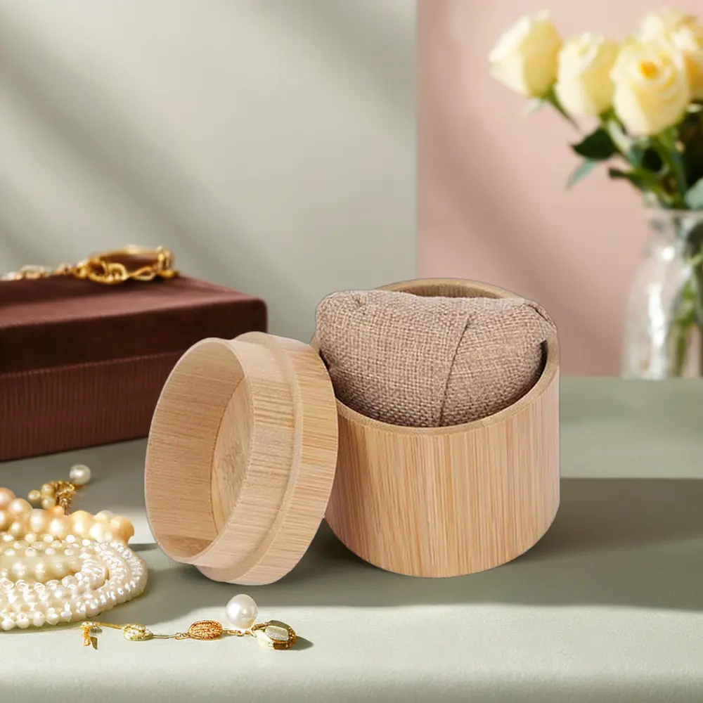 صندوق خشبي لحفظ الخواتم والحلي والأساور مصنوع من خشب البامبو الطبيعي