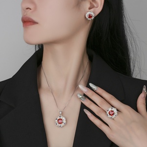 Fashion Eco-friendly Copper Gold Plated 10-8MM Red Color Cubic Zirconia Temperament Pendant Necklace and <b>Earring</b> <b>Set</b> for Women - Product Image 6