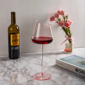แก้วไวน์แดงเป่าด้วยมือโปร่งใสทำจากแก้วคริสตัลชุดพิมพ์ลาย SAKURA สีชมพู