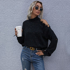 2024 nouveau Design ample hors de l'épaule déchiré manches longues col haut automne pull en tricot femme - Product Image 1