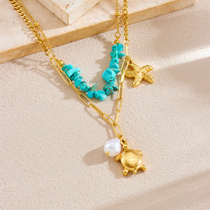 Fashion Layered Necklace Zinc Alloy Turtle Starfish Blue Pebble Pearl Design Animal Pattern N3328 - Product Image 1