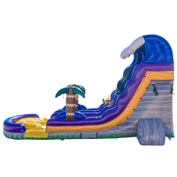 Toboggan aquatique gonflable double piste Tropical Wave Palm Tree avec motif rocheux pour fêtes estivales et location commerciale