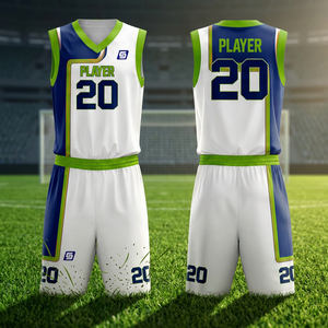 Ensemble de maillots de basket-ball sublimés personnalisés Blanc Marine Vert Joueur 20 Sans manches Col en V Polyester respirant Adulte Unisexe - Product Image 4