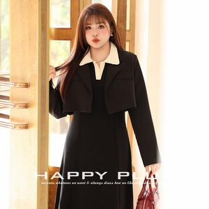 Blazer court pour femme grande taille Happy Plus, couleur unie, tissu tissé avec poche, élégant, noir, blanc glacier, N8858 - Product Image 1