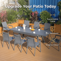 Moderno Juego de Comedor para Exteriores de 7 Piezas, Mesa Extensible de Aleación de Aluminio y 6 Sillas, Muebles de Patio Extensibles para Jardín