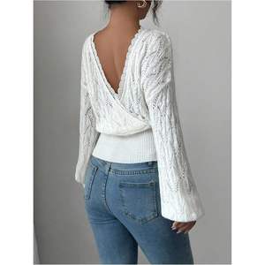 Soly Hux Pull en dentelle à col en V pour femme, manches longues, tricot crocheté, pull décontracté, hauts pour l'automne - Product Image 2