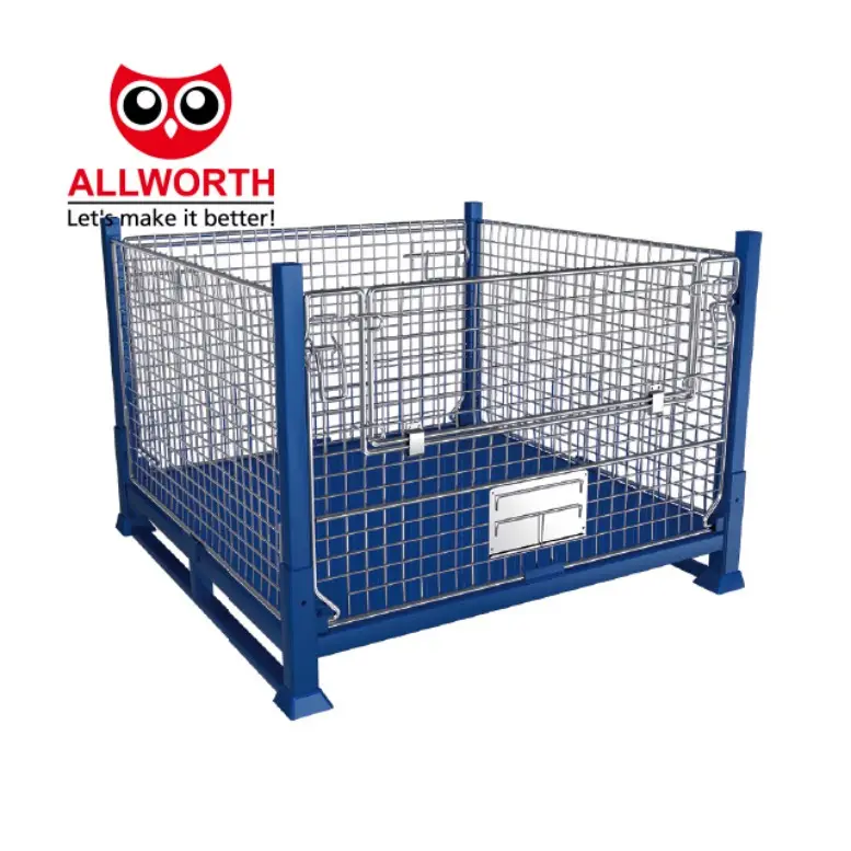Industrial warehouse welded steel collapsible stacking storage pallet wire mesh container