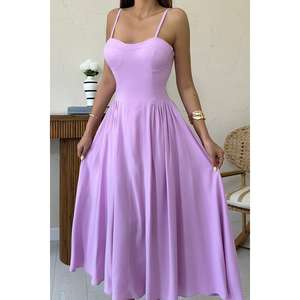 ชุดราตรีทรงเอไลน์ผ้าซาตินสีไลลา คอเหลี่ยม เอวธรรมชาติ แต่งระบาย สวยสง่า - Product Image 2