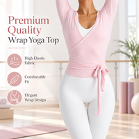 Haut de yoga croisé rose pour femme, à manches longues, style ballet, avec lien à nouer à la taille, coupe ajustée, pour le sport, la gym et le fitness