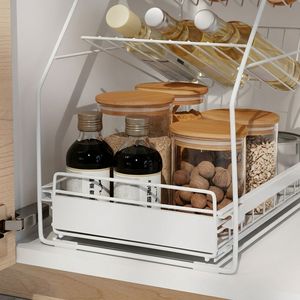 Étagère de rangement de cuisine à trois niveaux en métal <span class=keywords><strong>blanc</strong></span>, organisateur de comptoir avec tiroirs coulissants, support de rangement pour bouteilles d'assaisonnement en verre - Product Image 3