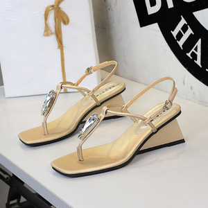 Sandales compensées géométriques chic pour femme, décorées de cristaux, à lanières, bout carré, sexy, pour soirée, chaussures d'été - Product Image 3