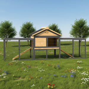 Pawhut Clapier extérieur en bois pour lapins 85 pouces avec enclos en acier, plateau amovible, toit jaune, rampe, grand enclos pour animaux de compagnie - Product Image 2