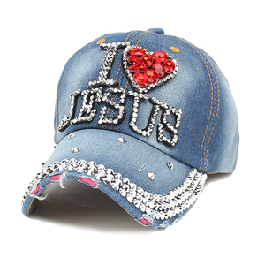 Gorra de Béisbol Personalizada 'I <span class=keywords><strong>Love</strong></span> Jesus' con Logotipo de Diseño Privado, Estilo Deportivo en Mezclilla y Pedrería Termoadhesiva, Fabricada al por Mayor - Product Image 4