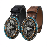 Cinturón de Cuero Repujado Estilo Vaquero Occidental para Hombre, Hebilla de Aleación con Cabeza de Toro, Cinturón de Jeans con Cuentas Turquesa, de Gran Venta
