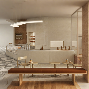 <span class=keywords><strong>Comptoir</strong></span> de <span class=keywords><strong>service</strong></span> de boulangerie incurvé avec vitrine en verre et rangement ouvert, station de bar commerciale au look béton moderne - Product Image 6