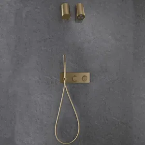 モダンなブラッシュドゴールドバスルームシャワーセット隠しデュアルハンドルシャワーシステム真鍮降雨シャワーヘッドコンボセット