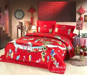 中国工厂直接批发 100% 桑蚕丝经典婚礼东方红色 4 件床上用品套装