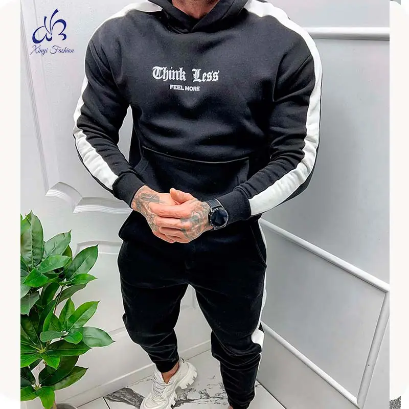 Casual Sport Outdoor Black stripe on both sides middle puff print cotton poly blend hoodie track suits for men set hoodies