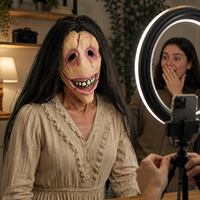 Masque intégral en latex femme souriante effrayante avec cheveux longs – Drôle et amusant pour Halloween, Pâques, cosplay, mascarade et fêtes à thème