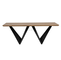 Table à manger de luxe moderne en forme de W, finition artisanale, base en métal, grand plateau rectangulaire en bois, table à manger/bureau