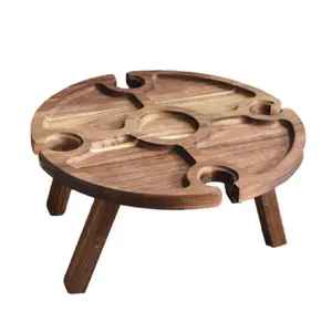 Mesa portátil exterior de madeira pinha, piquenique, mesa redonda de madeira para acampamento, frutas, vinho tinto e nozes