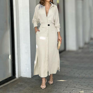 Dropshipping Shopify <b>Womens</b> Belted Shirt Dress Long Sleeve Asymmetrical Hem Office Wear Elegant Solid Color Midi Dress - Product Image 6