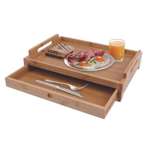 Plateau de service en bambou avec tiroir 43x31x10cm, rectangulaire en bois, pour le petit-déjeuner, le service à thé, usage domestique - Product Image 1