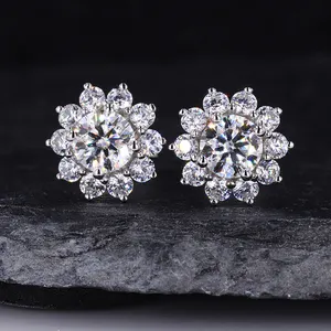 Starsgem Flower Shape 925 Sterling Silver Earrings Round Brilliant Cut Moissanite Diamond Earring