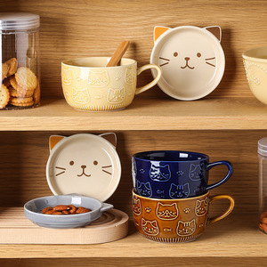 Nouvelle tasse à <span class=keywords><strong>café</strong></span> créative en céramique gaufrée avec chat mignon en vente en gros tasse à lait peinte à la main personnalisée cadeau de thé tasse en porcelaine avec couvercle - Product Image 3