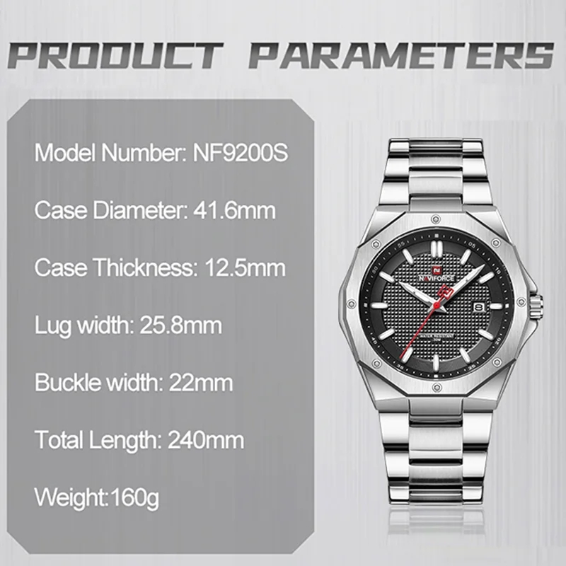 Naviforce nf9200 ساعة معصم كوارتز يابانية 24 ساعة ساعة ساعات رجالية ماركة  رياضية 3ATM مقاومة للماء