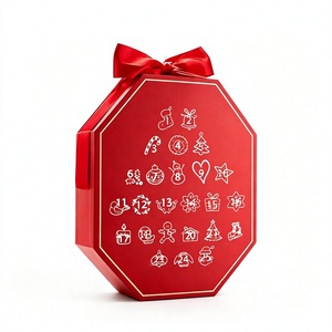 Custom Red Octagon Lid and Base Advent Calendar <b>Box</b> with Ribbon 25 Days Rigid Cardboard <b>Christmas</b> Blind <b>Box</b> Mystery Packaging - Product Image 1
