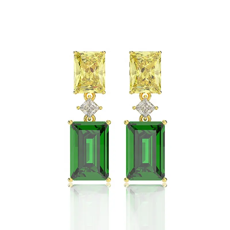 Classic Wedding Jewelry Green Emerald Cubic Zirconia 18K Gold Plated Stud Drop Earrings