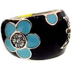 Rose Gold and 18K Plated Fashionable Turquoise Flower and Butterfly <b>Black</b> Enamel <b>Ring</b> with Pave Inlay Rhodium-Plated <b>Ring</b> - Product Image 1