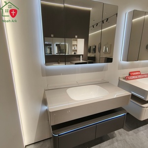 Meuble-lavabo de salle de bain de luxe moderne en bois massif et contreplaqué, suspendu au mur, avec miroir, rangement multi-espaces, double tiroir, personnalisable - Product Image 2