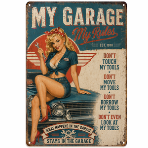 Plaque Métallique Personnalisée Règles de Garage, Décoration Vintage, Plaque en Étain Pin-up Girl Personnalisée pour <span class=keywords><strong>Atelier</strong></span> Extérieur Intérieur, Décoration Artistique - Product Image 4