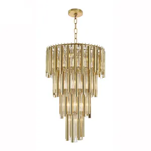 Decorative Modern Contemporary Waterfall Brass And Crystal Tube Mixed Pendant Lighting Fixture Chandeliers
