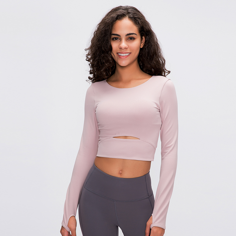 Fashionable Solid Spandex Yoga Top Long-Sleeved Padded Sports T-shirt for Outdoor Running Slim Plus Size Design 2025-S2032