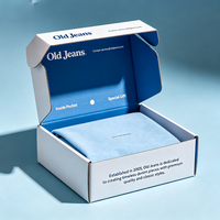 Boîte d'emballage personnalisée haut de gamme bleu et blanc pour jeans, imprimée avec un motif avion, avec logo et histoire de marque, pour l'emballage de vêtements et de jeans