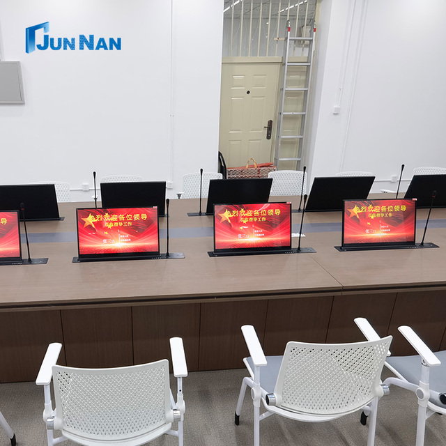 Smart Conference Table Pop up LCD Lift Motorized Monitor Lift with Microphone Paperless Conference System Office Equipment