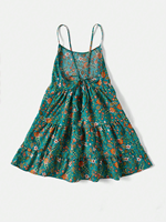Robe d'été décontractée pour filles, imprimé floral turquoise, bretelles spaghetti, volants superposés, style swing, pour les vacances