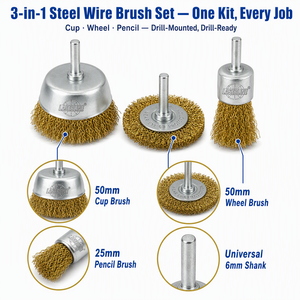 <span class=keywords><strong>LASERLINE</strong></span> Lot de 3 brosses métalliques ondulées en acier recouvert de laiton, tige de 6 mm, accessoires pour perceuse, brosse en forme de coupelle, brosse crayon, pour décapage de rouille et soudure - Product Image 3