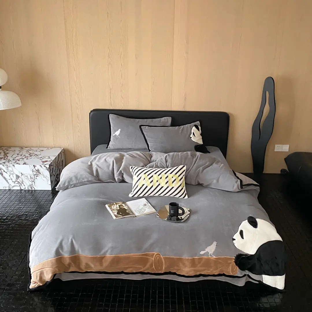 Grey milk velvet duvet quilt cover high-end bedsheets applique pillowcases bedding set supplier