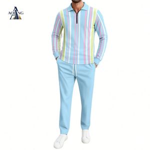 2026 Musim Gugur Terlaris Pria Kaos Polo Lengan Panjang Setengah Resleting Bermotif Garis Dengan Celana Panjang Longgar Setelan Kasual Dua Potong - Product Image 1