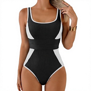 Traje de Baño de Una Pieza Acanalado para Mujer con Paneles en Contraste y Escote Redondo, Ideal para Playa y Piscina, Proveedor Mayorista con Logotipo Personalizado - Product Image 3